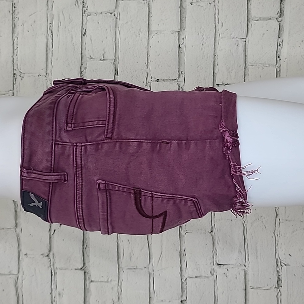 AE Next Level Low Rise Cuffed Raw Hem Cotton Denim Shortie Shorts in Burgundy - Picture 3 of 17